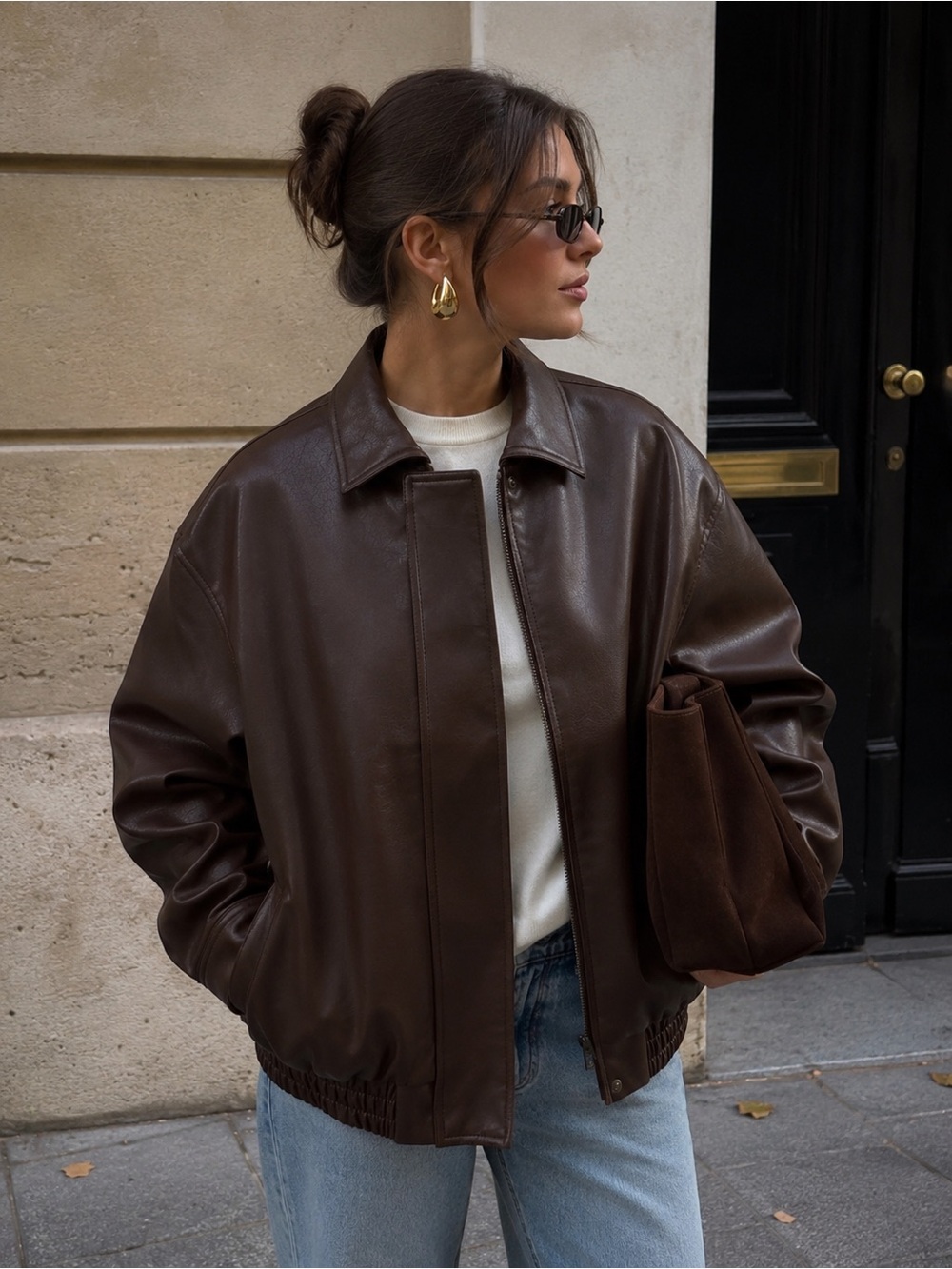 Women’s Chocolate Brown Leather Bomber Jacket - Relaxed Collar